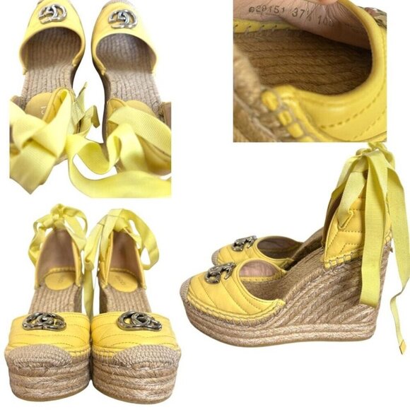 RARE COLOR Gucci Marmont Platform Espadrille Wedges Sandals Banana  7 LIKE NEW - Picture 4 of 7